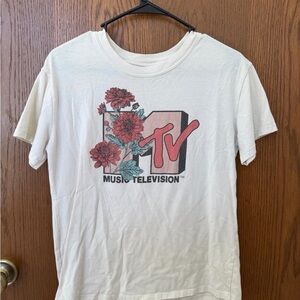 MTV White Tee with Red and Pink Floral Design